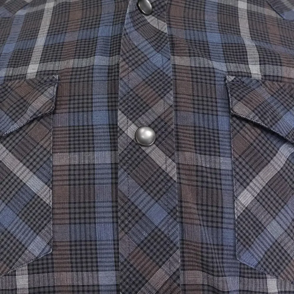 Banana Republic Shirt Mens Medium Blue Gray Plaid Western Pearl Snap Long Sleeve
